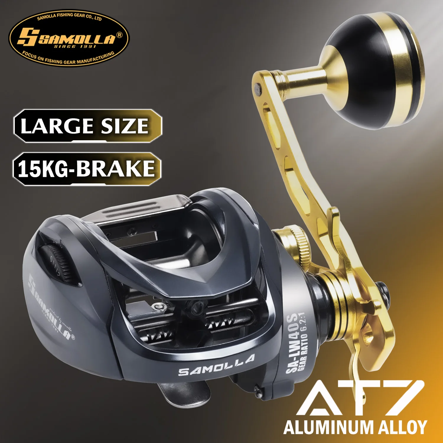 Carretilha SAMOLLA Corpo Largo 6.2:1 Drag 15kg Pesca Marítima Carretilha SAMOLLA Baitcasting Corpo Largo 6.2:1 Drag 15kg à Prova d'Água com Engrenagem de Latão para Pesca Marítima